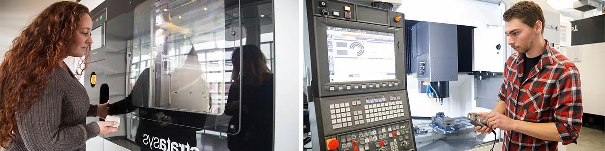Photos (left to right): AMS degree program student operating a Stratasys Fortus 900 production-grade 3D printer in 密歇根州立大学丹佛's Lockheed Martin 加法制造 Laboratory (photo by Sara hartwig). AMS degree program student operating an Okuma M560 Vertical Milling Center CNC machine in 密歇根州立大学丹佛's Hartwig Advanced Manufacturing Laboratory.