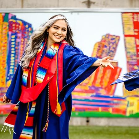 毕业生Nayeli Cisneros扔掉她的毕业帽来庆祝毕业典礼.